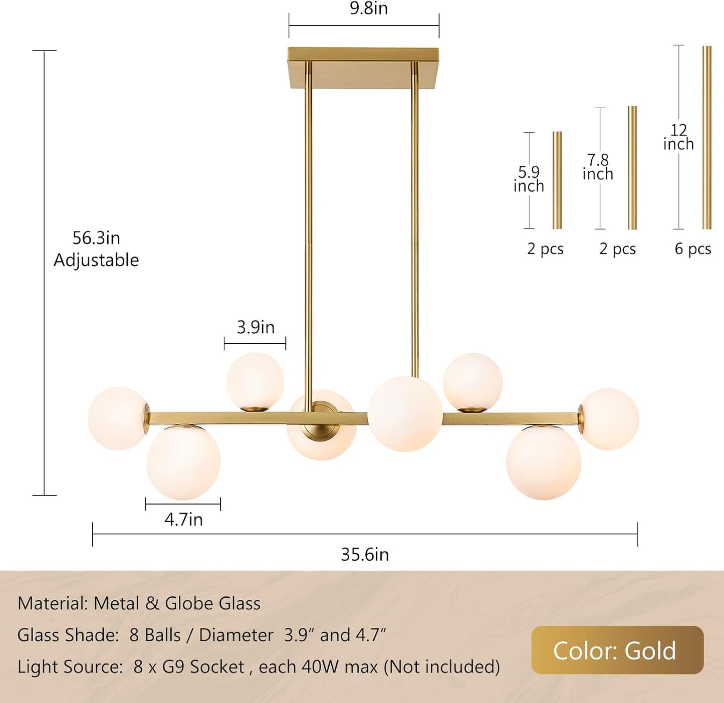 Lámpara lineal dorada con globo blanco para comedor y sala