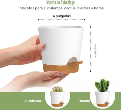Macetas riego automático 4pulg plástico 6 pzas con platillos