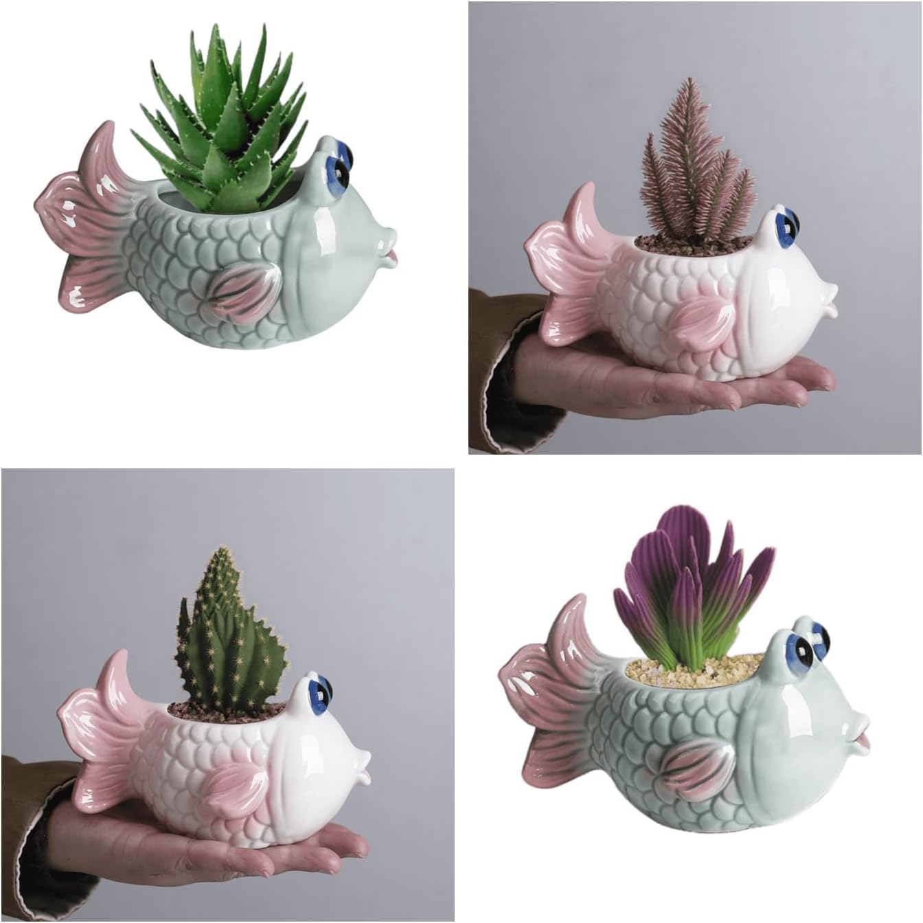 2 Macetas Cerámica para Suculentas con Flores de Cactus