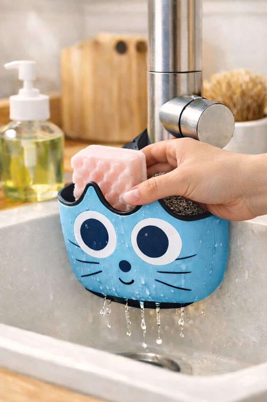 Soporte esponja fregadero con cesta drenaje diseño gato