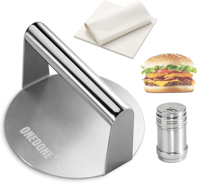 Prensa hamburguesas acero inox 5.5pulg con coctelera y 100 pzas