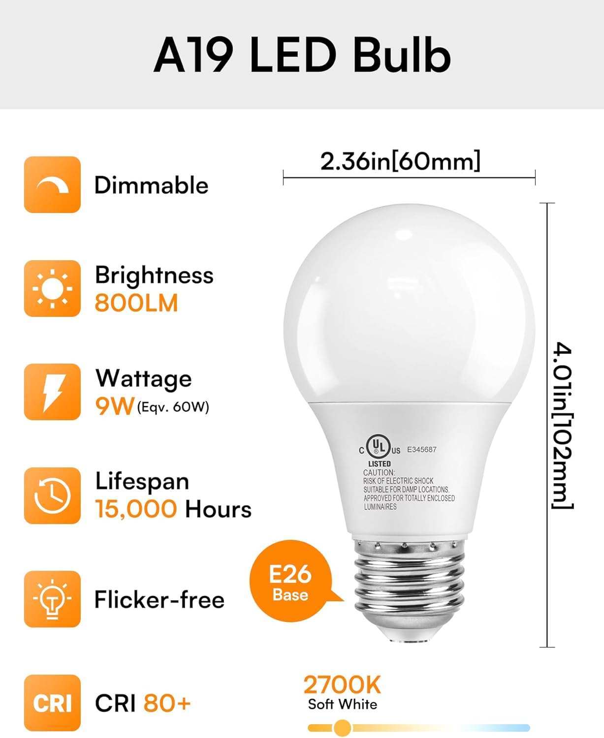 Bombilla LED A19 E26 2700K 800lm 9W