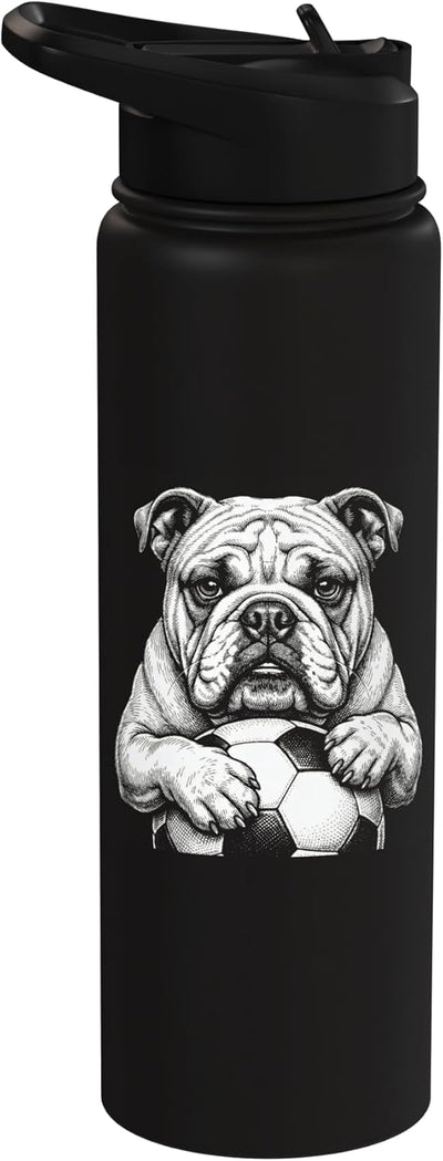Botella de agua acero inoxidable perro fútbol arte vintage bulldog inglés