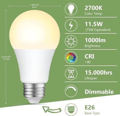 Bombilla LED A19 regulable 11.5W blanco suave E26