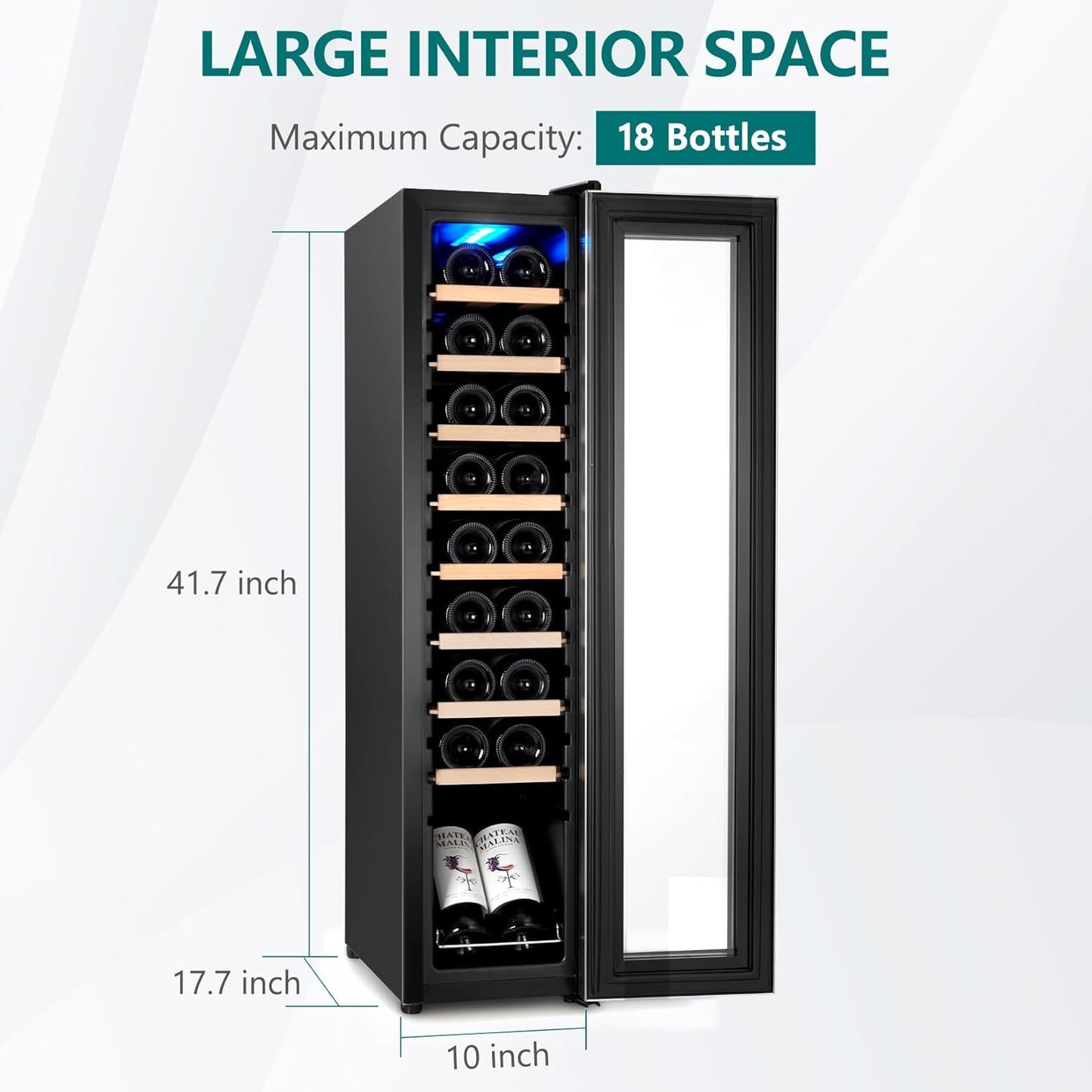 Enfriador de vino 18 botellas con estantes madera control digital