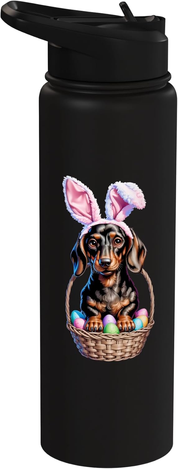 Bolsa de pascua para perro dachshund con botella de agua acero inoxidable aislada