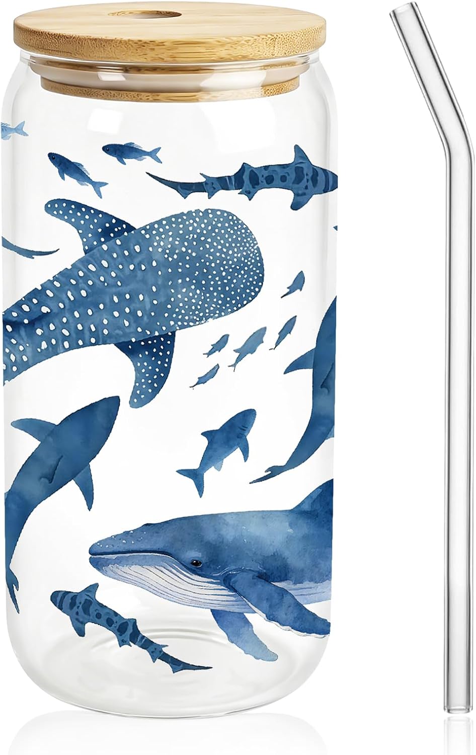 Vaso de vidrio con tapa y pajilla transparente azul reutilizable para fiestas