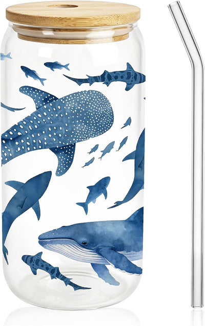 Vaso de vidrio con tapa y pajilla transparente azul reutilizable para fiestas