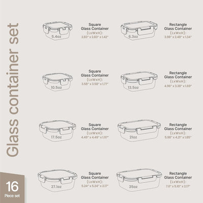 Contenedores Vidrio Borosilicato 16 Pzas BPA-Free Airtight Negro