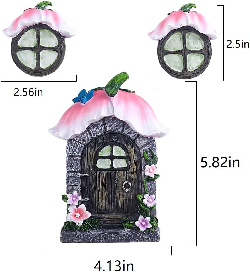 Gnomo hadas decoración jardín con ventana puerta brilla oscuridad