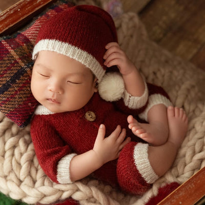 Traje unisex recién nacido Navidad mameluco sombrero tela mohair