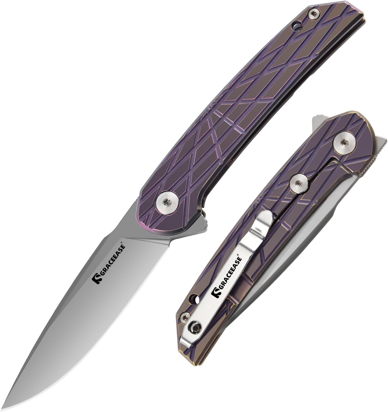 Cuchillo plegable titanio mango morado acero AUS-8 EDC