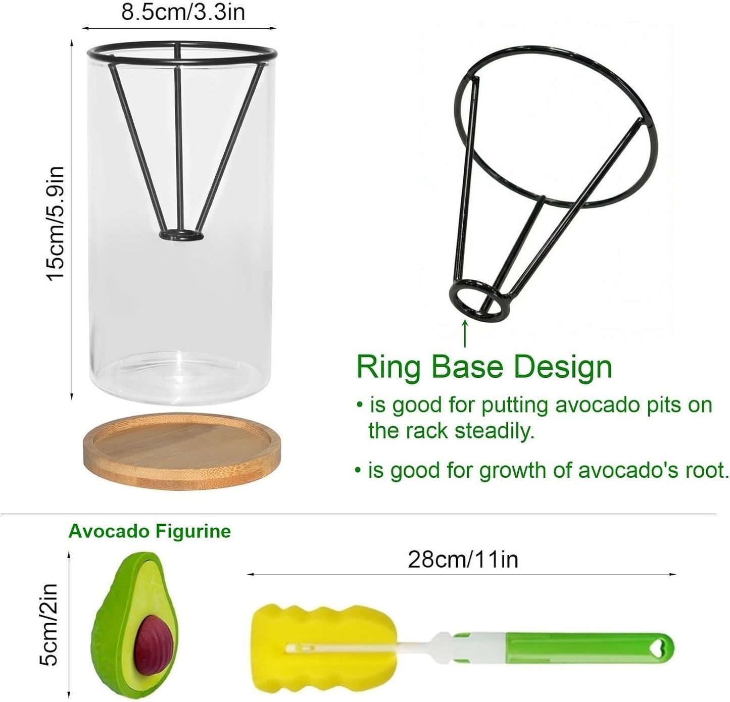 Kit cultivo aguacate con cepillo, base bambú y maceta vidrio