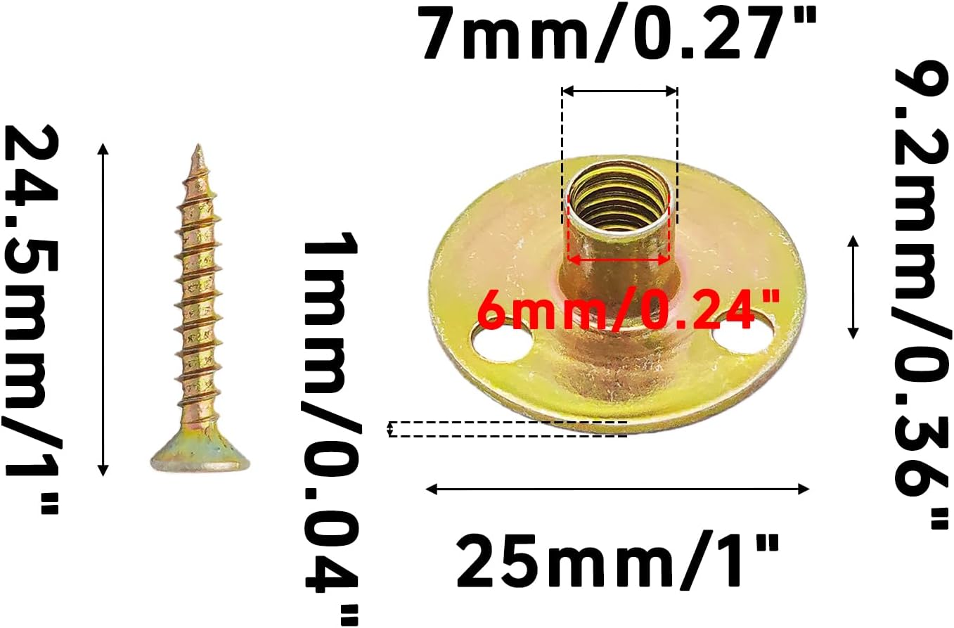10 Tuercas T Base Redonda 1/4"-25 Orificio Clavo Muebles