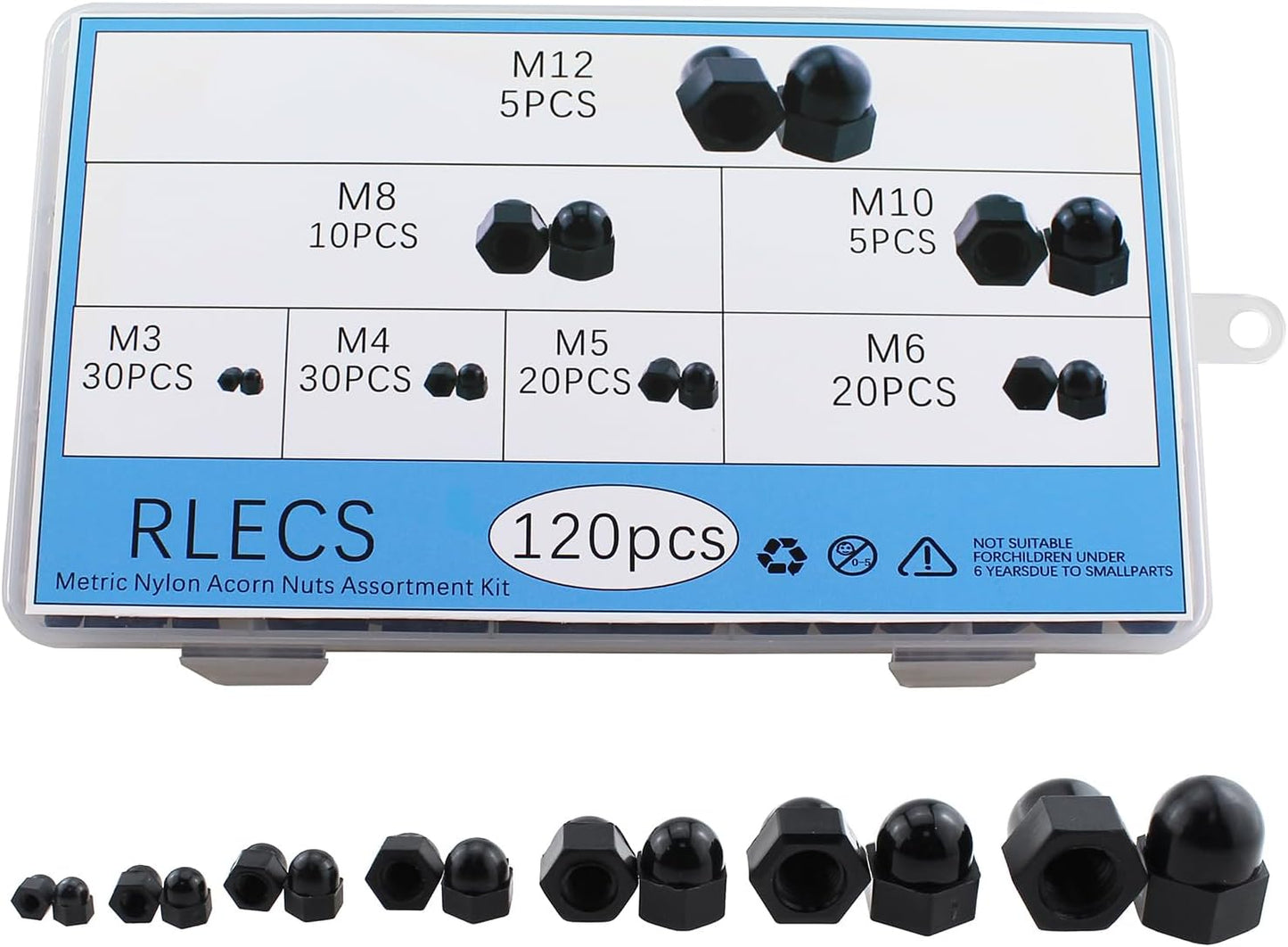 Set 120 tuercas hexagonales nailon negro M3-M12