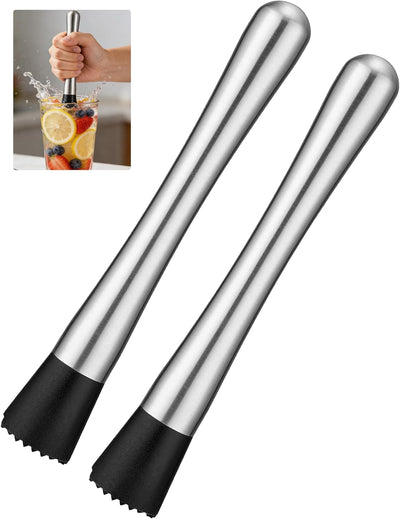 Juego de 2 muddlers de acero inoxidable para cócteles, triturador de frutas y limón plateado