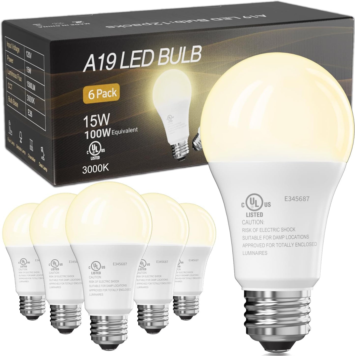 6 Pzas Bombilla LED E26 A19 Luz Blanca Cálida