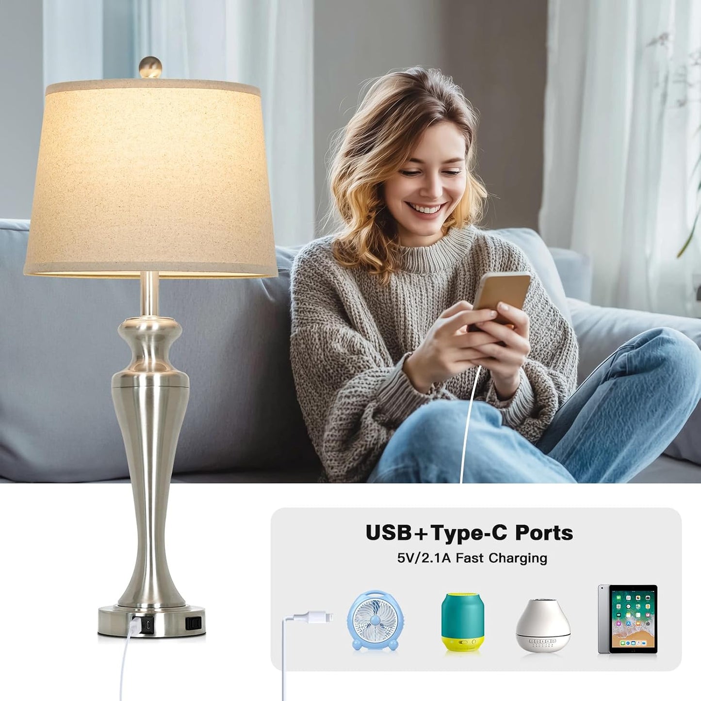 Lámpara mesa 30pulg táctil 3 vías USB AC sala moderna