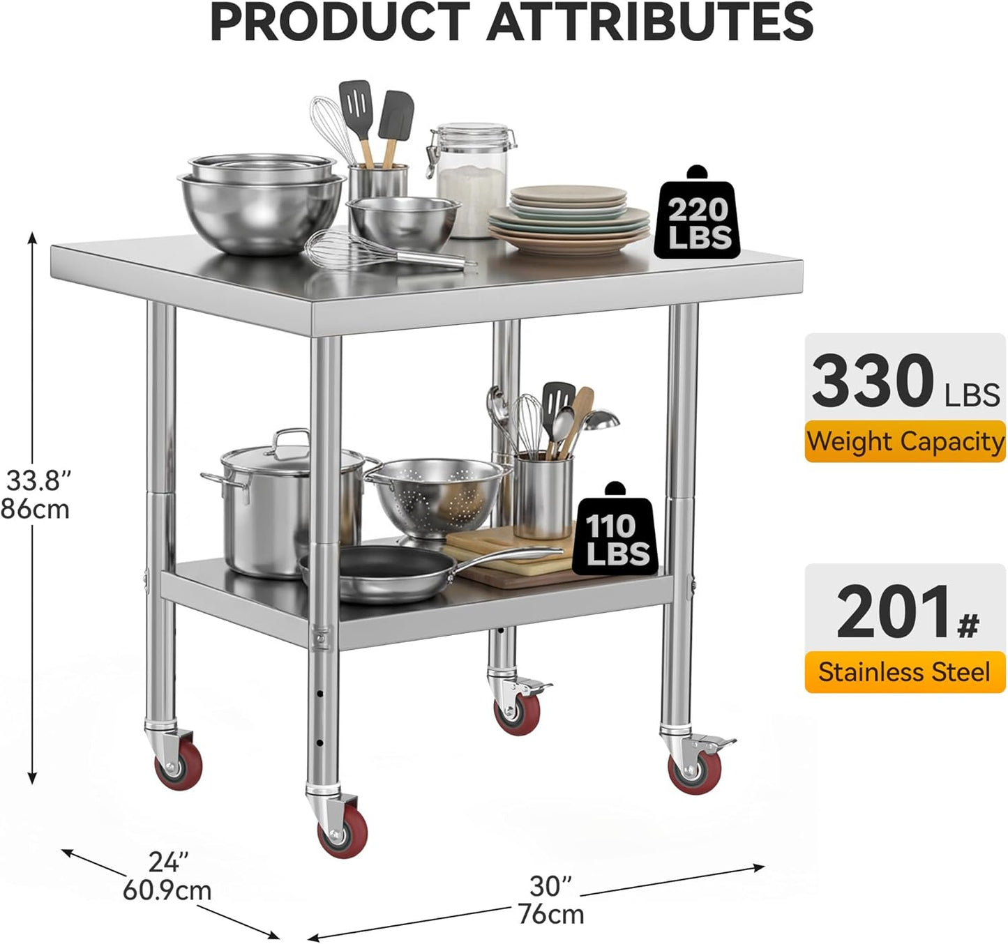 Mesa acero inox 30x24pulg con estante ajustable ruedas cocina
