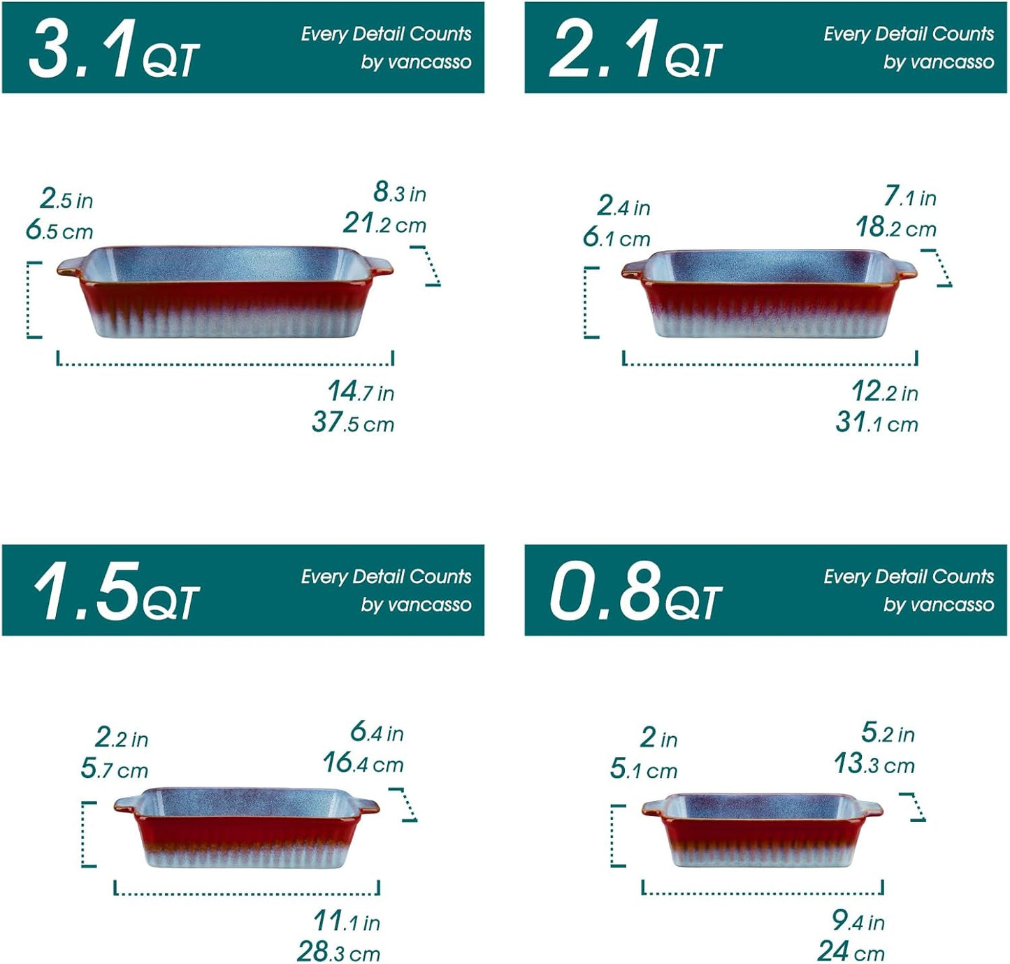 Set 4 Platos Horno Cerámica Rectangulares con Asas 14.7pulg