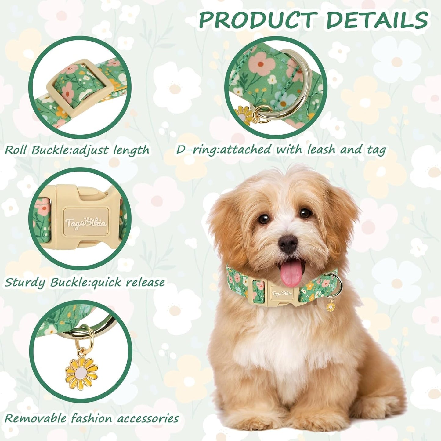 Collar perro floral verde ajustable duradero regalo
