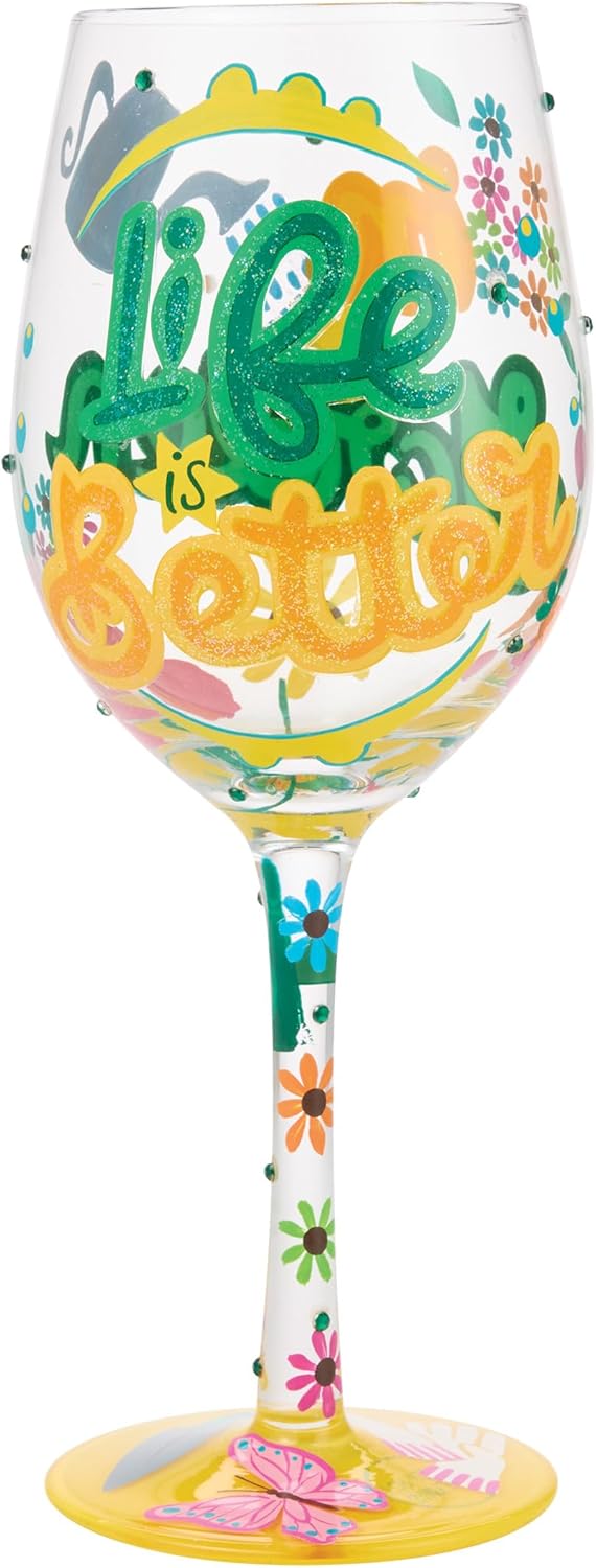 Copa de vino artesanal pintada a mano Life is Better pulgada Enesco