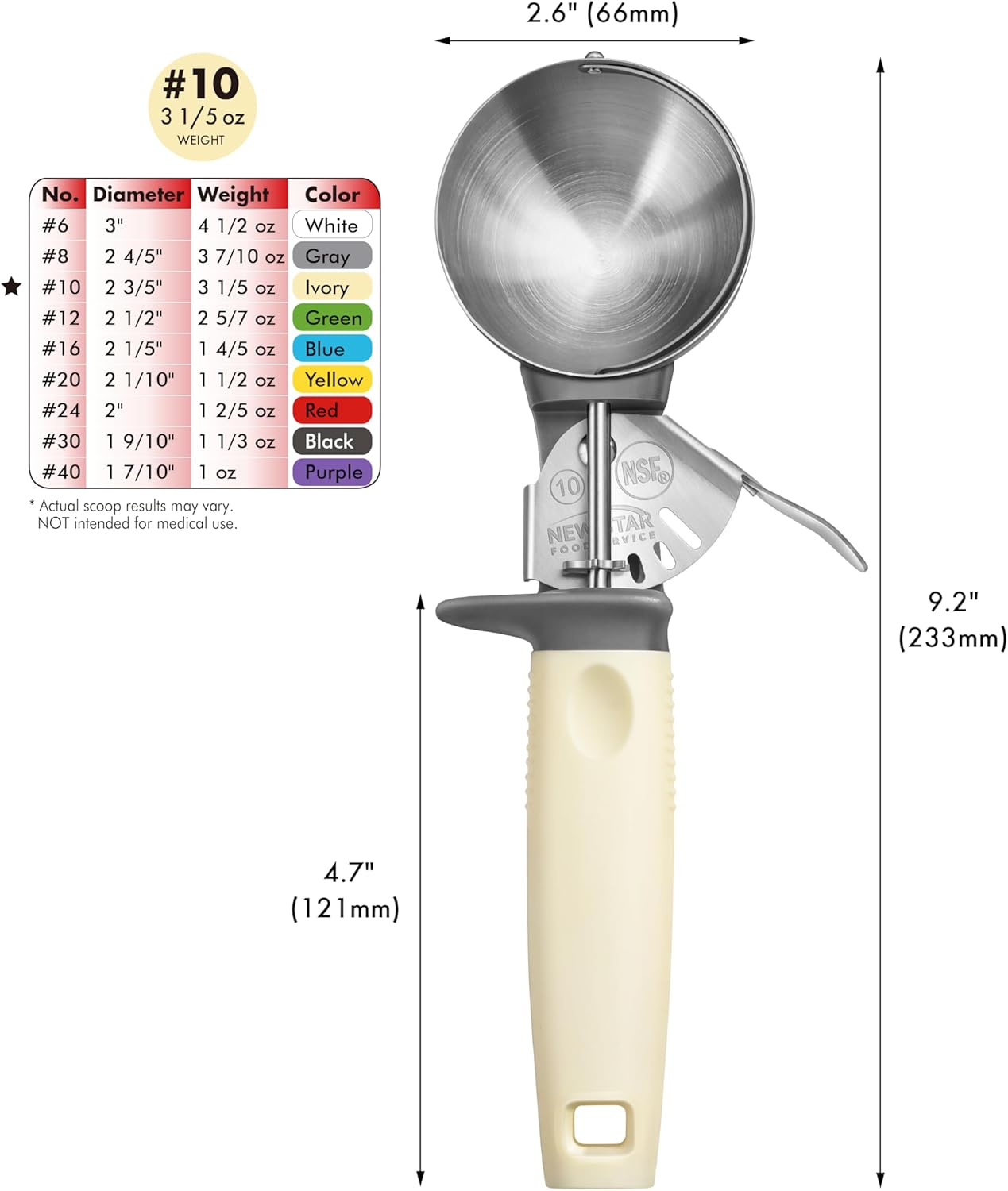 Cuchara de acero inoxidable para pulgar, mango marfil, NSF