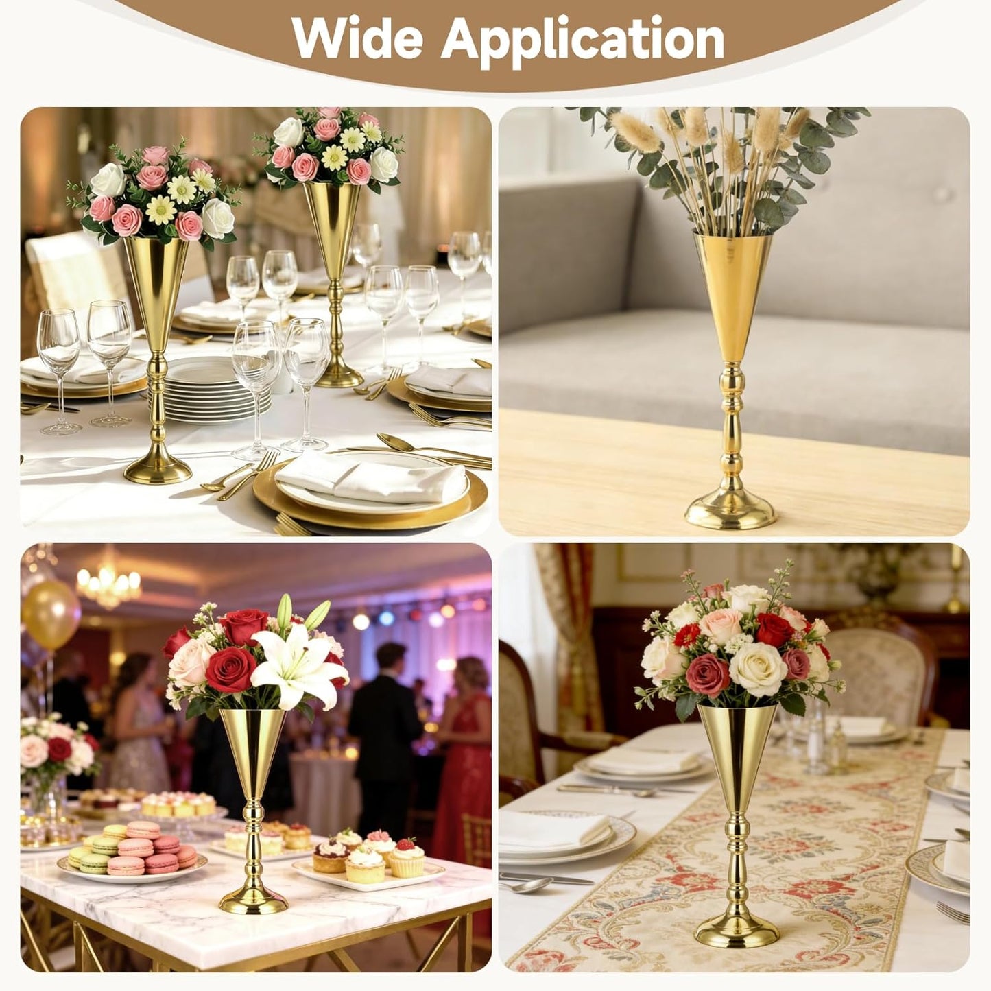 10 jarrones altos dorados para centros de mesa de boda y eventos