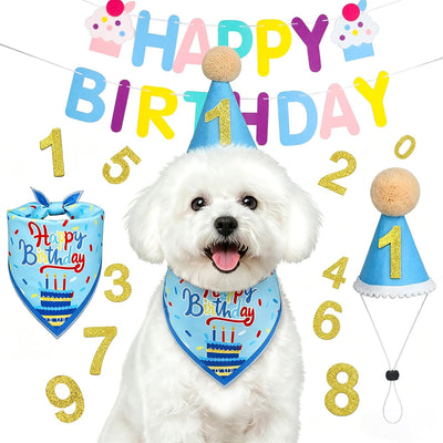 Kit cumpleaños perros con sombrero pancarta bandana
