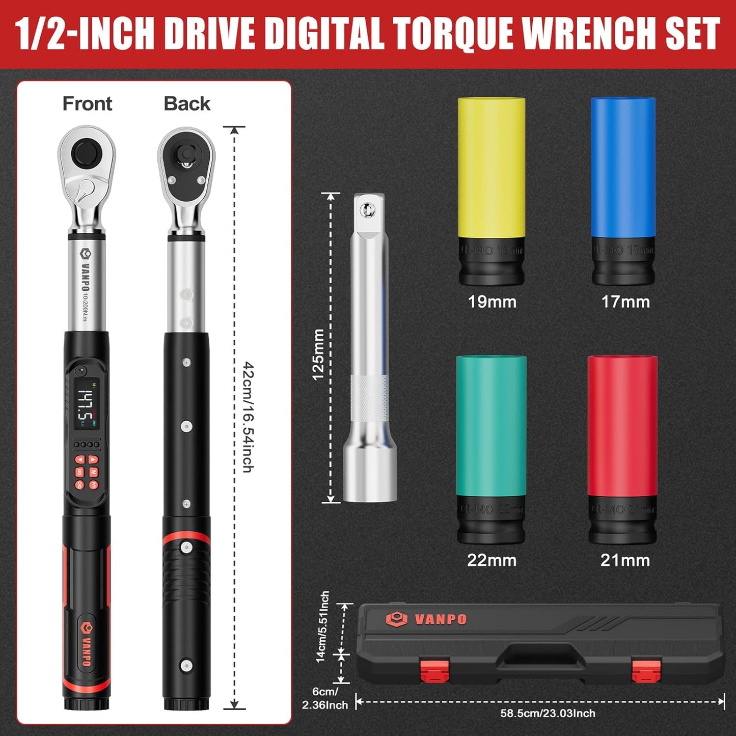 Llave dinamométrica digital 1/2 pulg 10-200 Nm trinquete 72 dientes