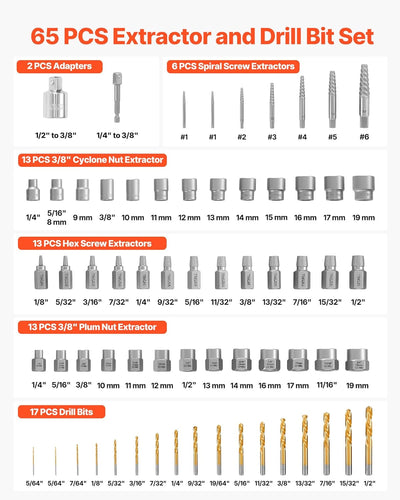 Kit extractor pernos 65 pzas para tuercas dañadas