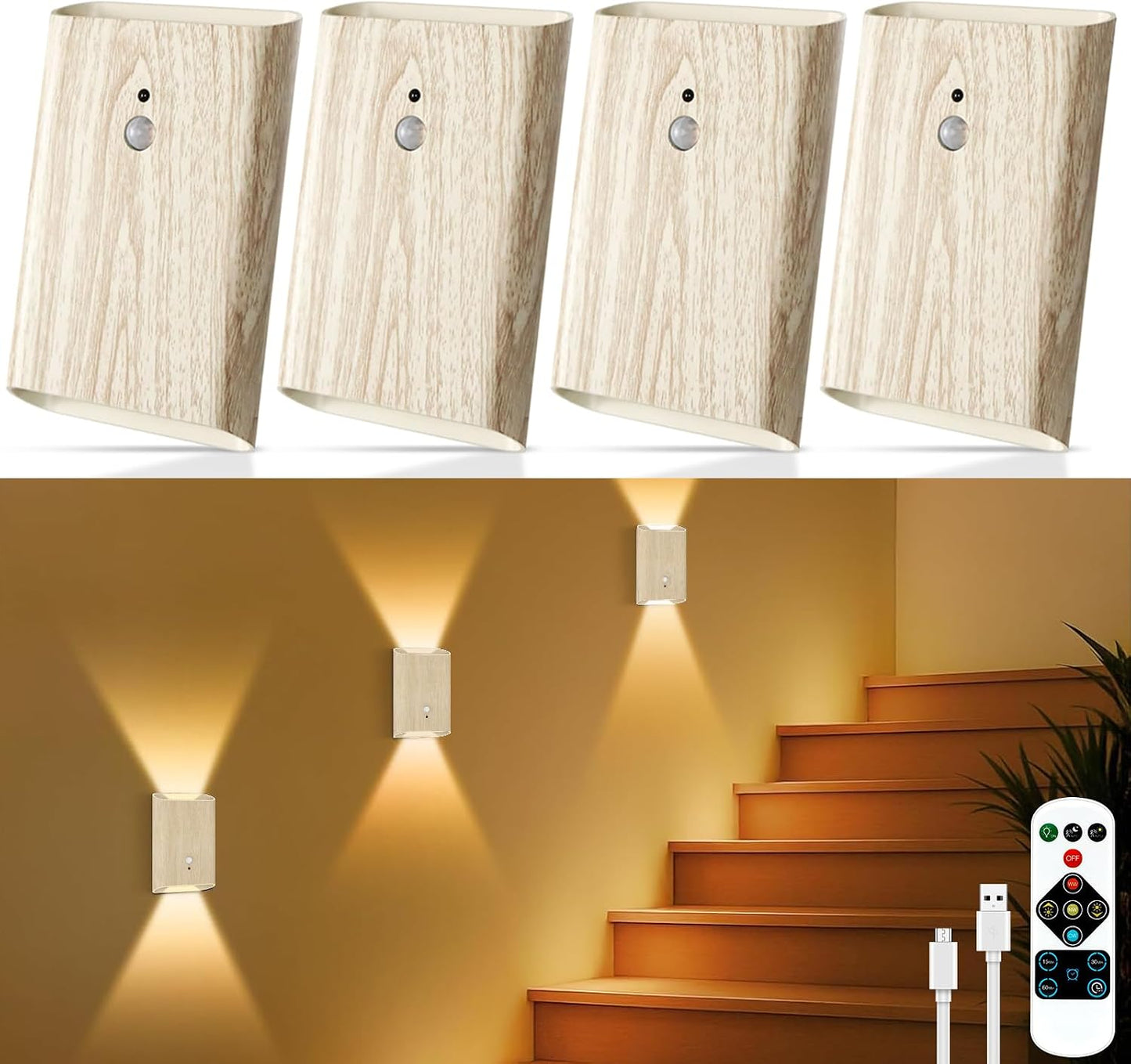 4 Apliques Pared Inalámbricos Sensor Movimiento Madera Blanca