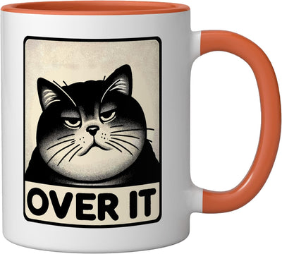 Taza de cerámica con gato kawaii cara de sorpresa y sarcasmo naranja/blanca