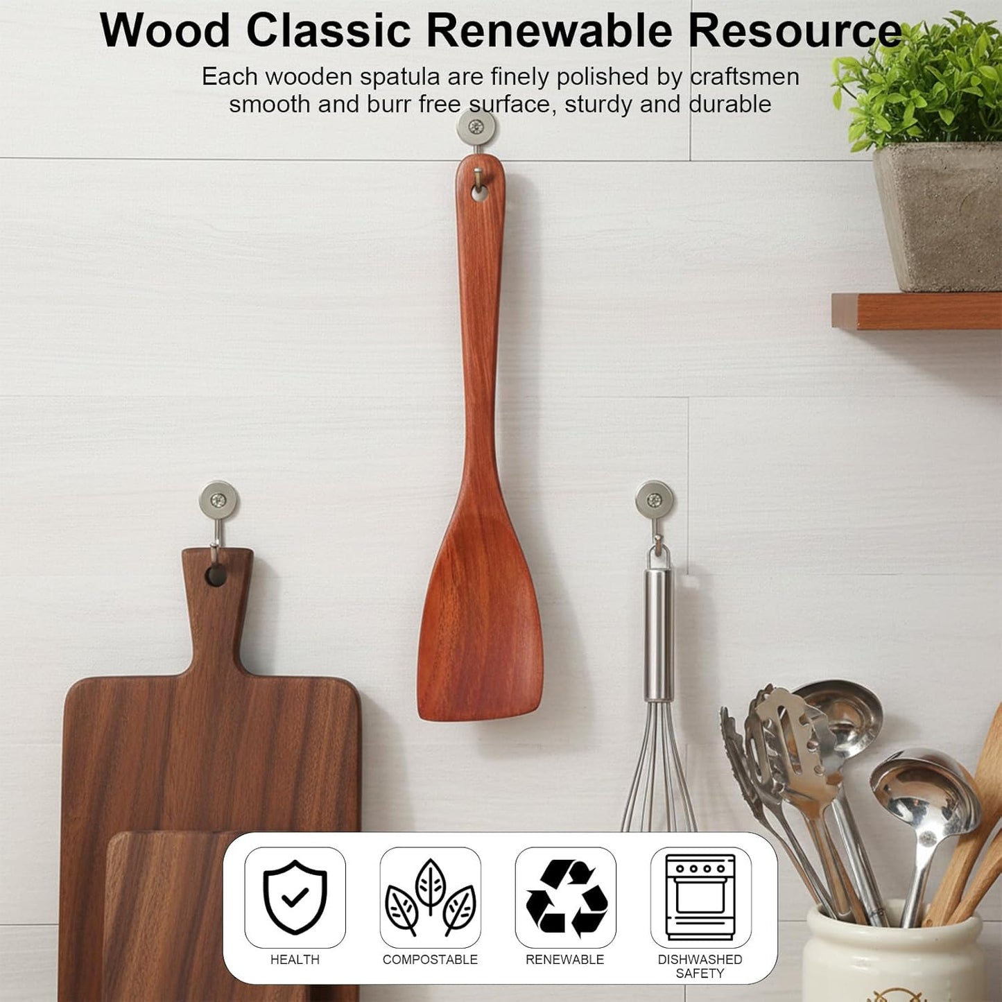 2 espátulas de madera para cocinar con mango largo de 12.2 pulgadas