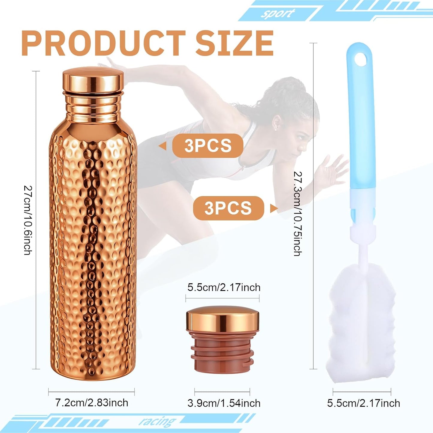 Botella cobre 27oz paquete 3 con cepillo para gym yoga