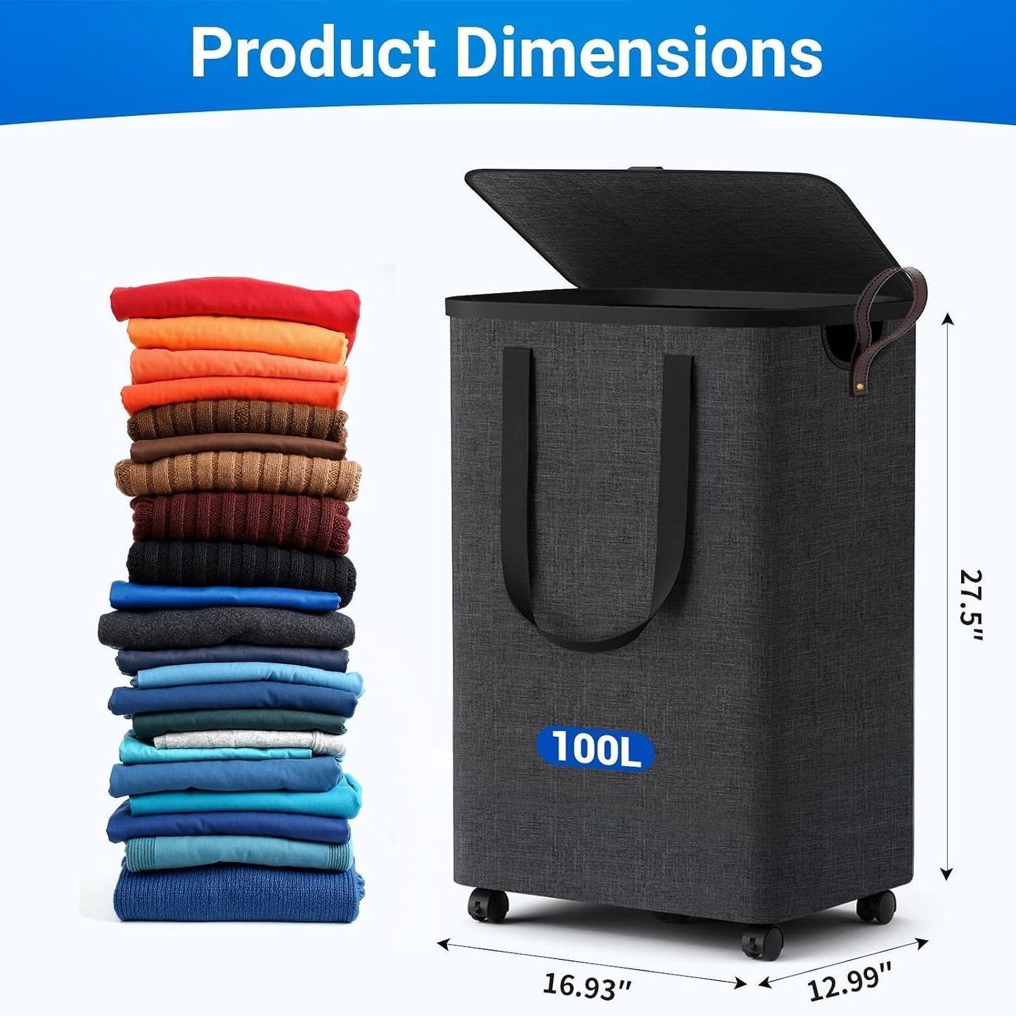 Cesta lavandería 100L plegable con 5 ruedas tapa