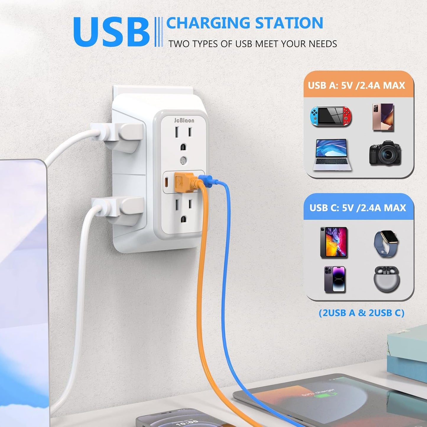 Extensor toma pared 6 salidas 4 USB (2 USB C) 1050J con proteccion