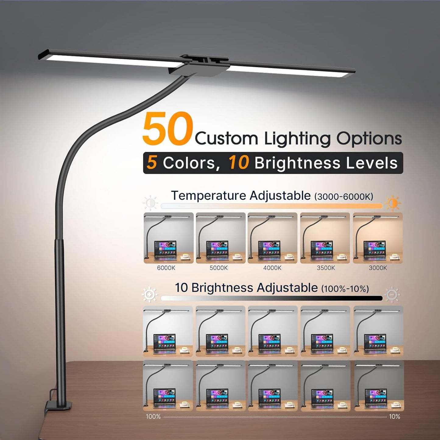 Lámpara LED escritorio doble cabezal cisne flexible gestos 50 modos
