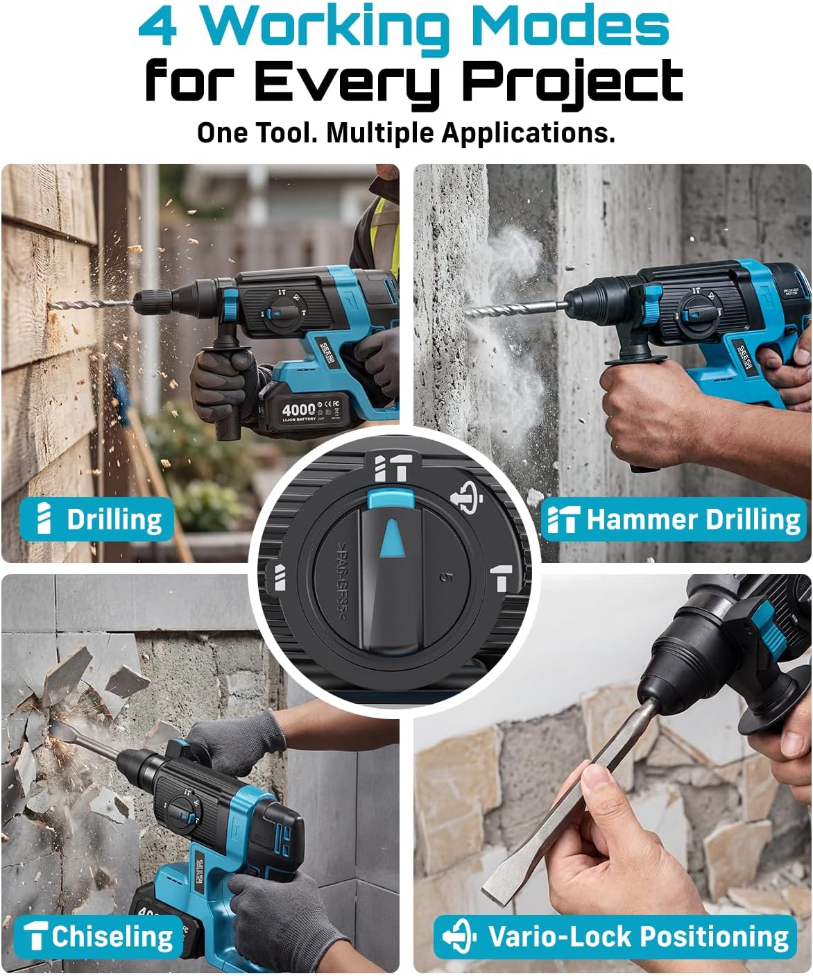 Taladro martillo inalámbrico SDS-Plus 2.8J 4 modos 2 baterías 4Ah