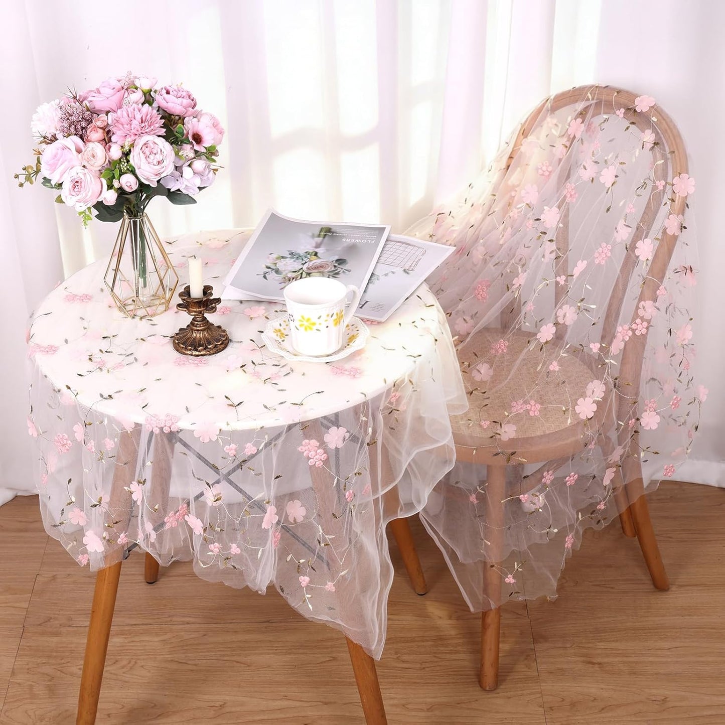 Camino de mesa de gasa marfil con bordado rosa flor 3D 120 pulgadas tul transparente para baby shower boda fiesta