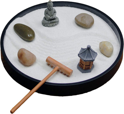 Kit jardín zen escritorio con rastrillo, arena y base negra
