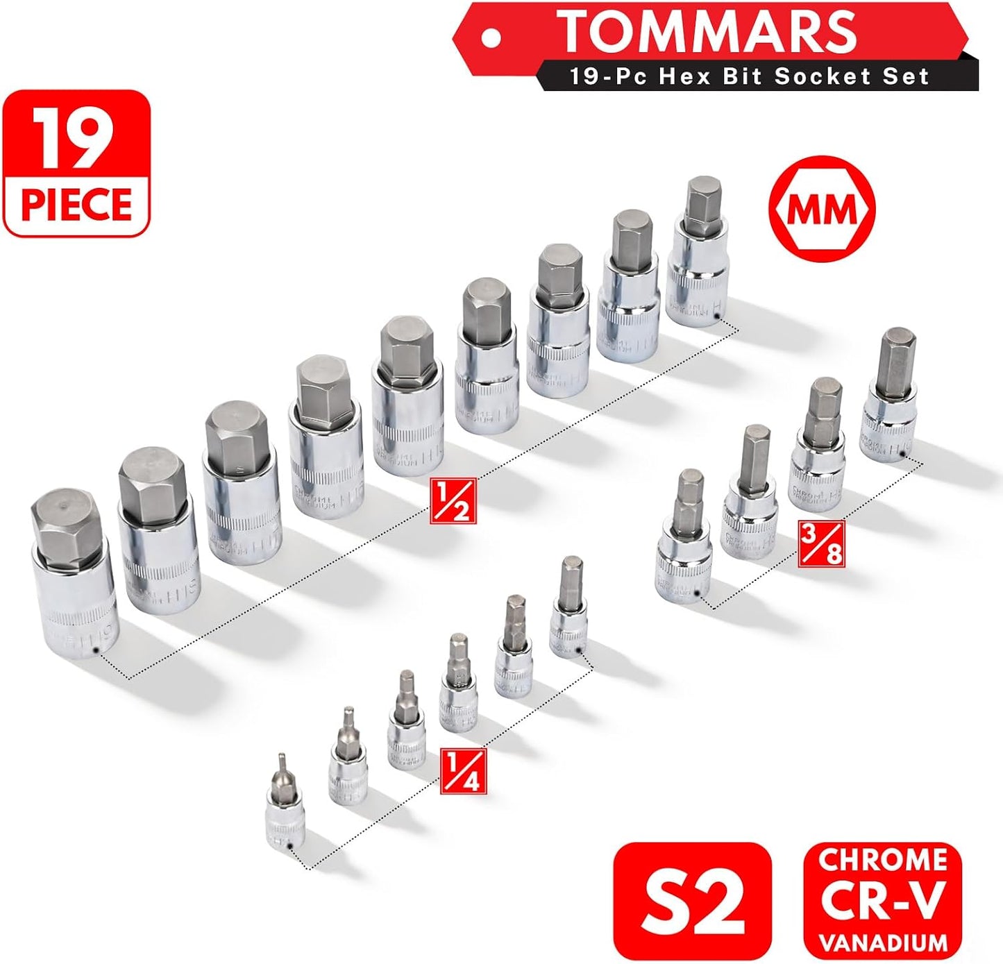 Set 19 Pzas Llaves Hex Métricas H2-H19 1/4 3/8 1/2