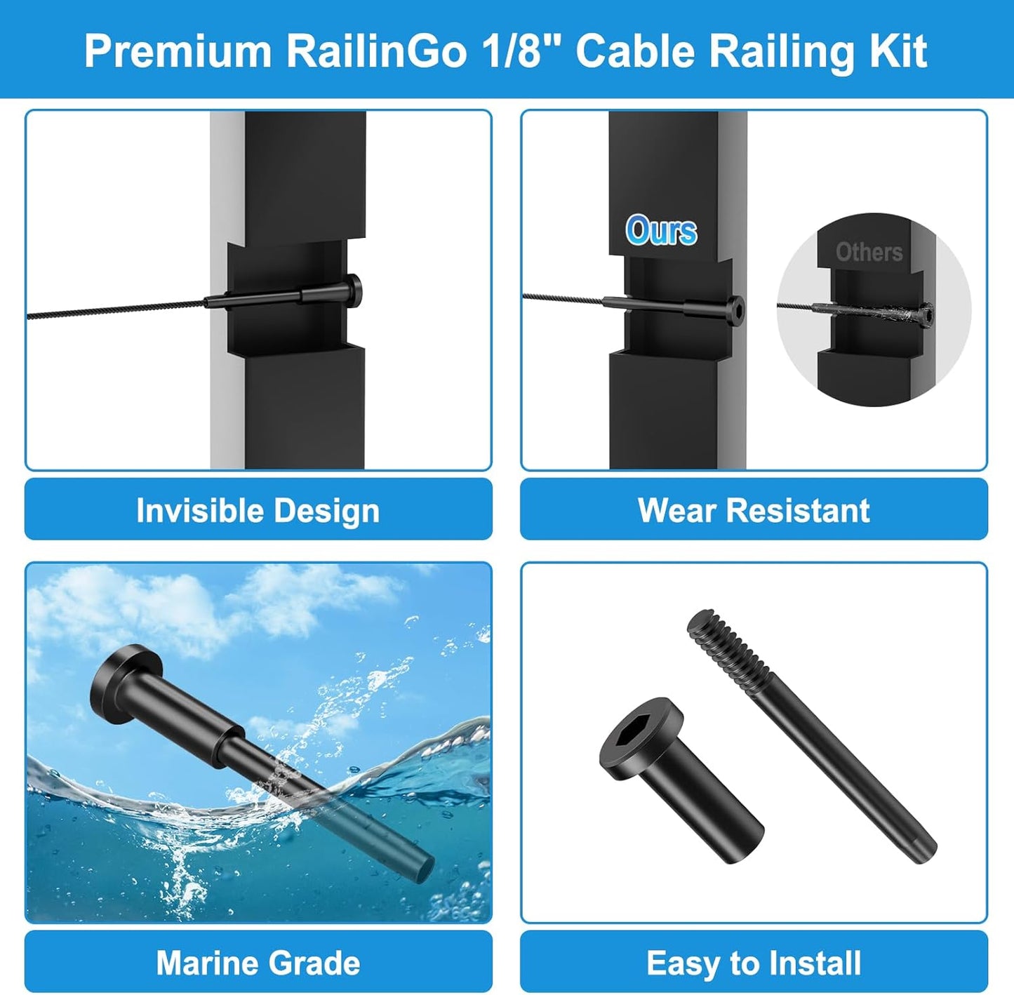 Pack 10 Barandillas Invisibles Negro 1/8pulg Acero Inox T316