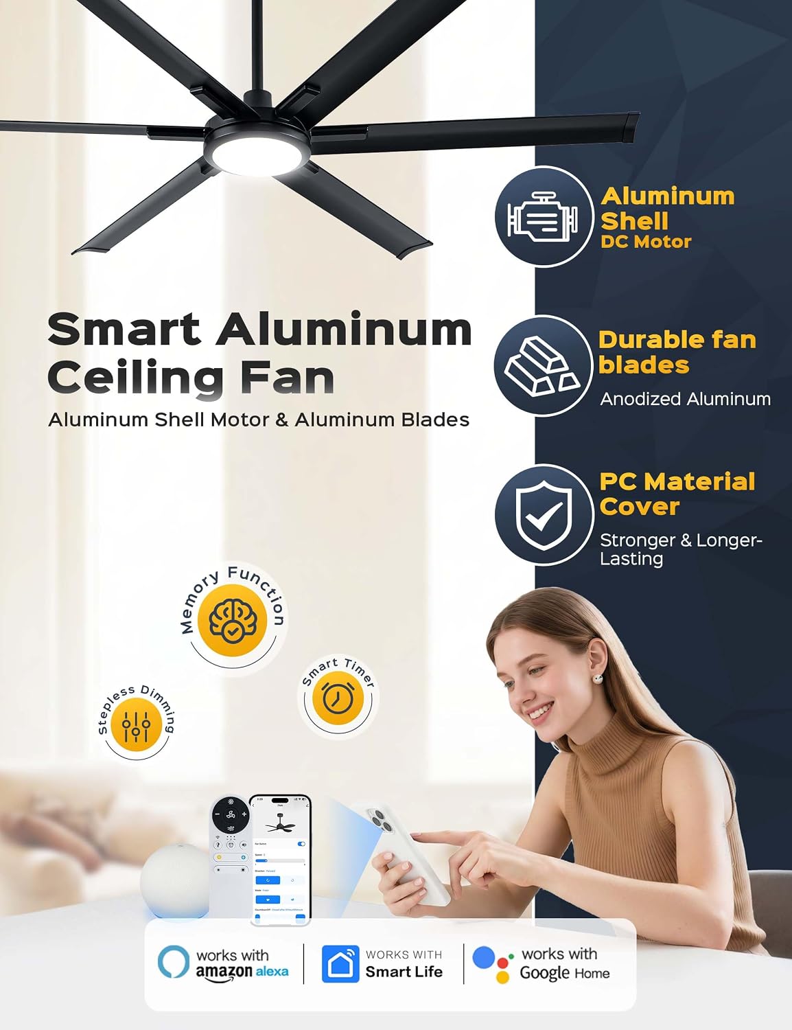 Ventilador techo inteligente 65pulg WiFi 6 vel aluminio negro