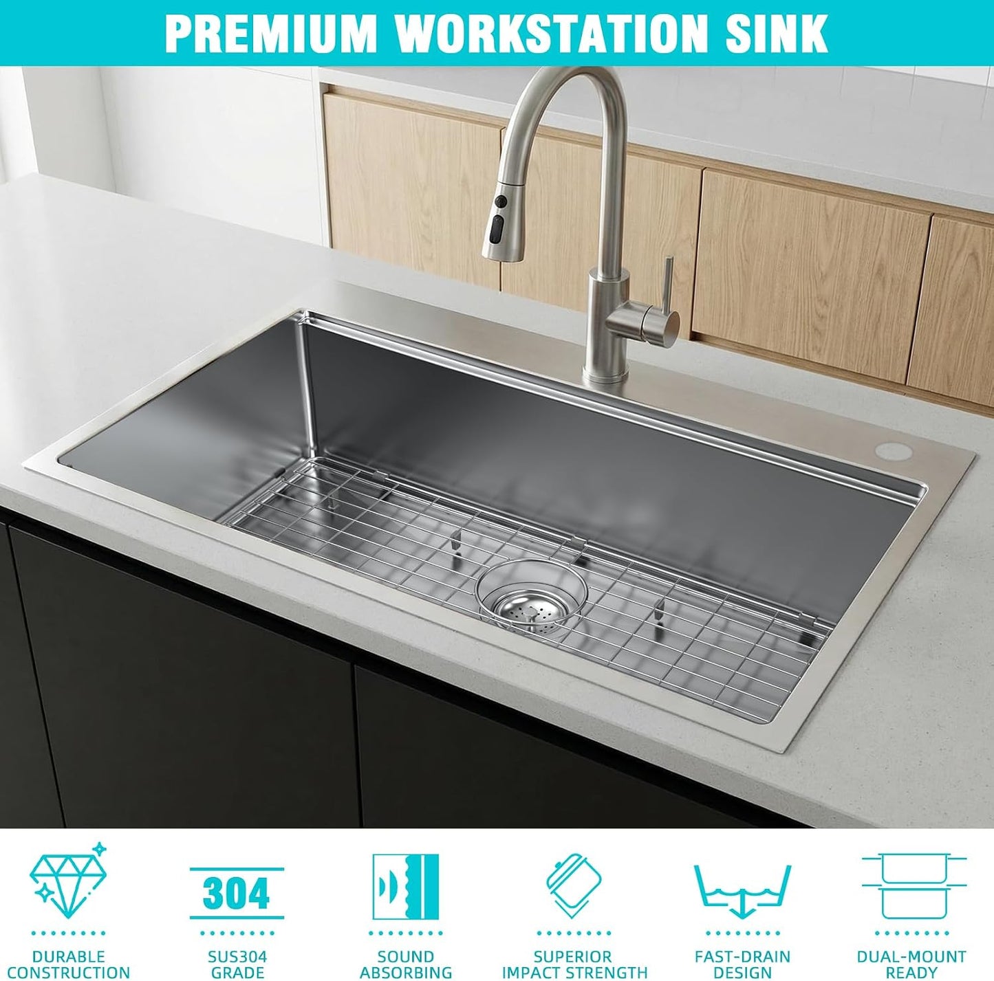 Fregadero cocina acero inox 33x22pulg estación trabajo