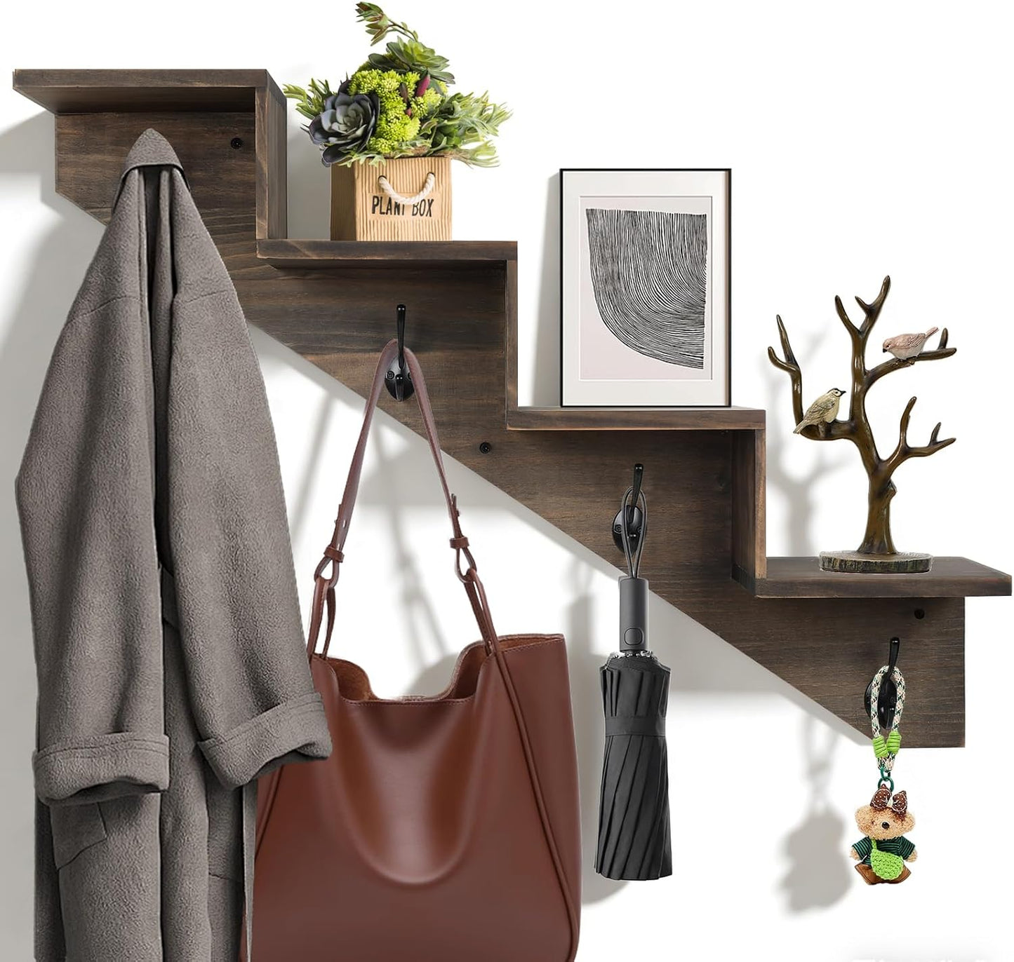 Perchero pared con ganchos madera resistente marrón
