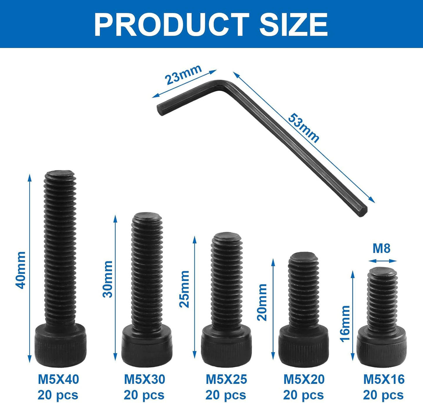 25 Pzas Tornillos M8 x 16-40mm Acero Carbono con Llave