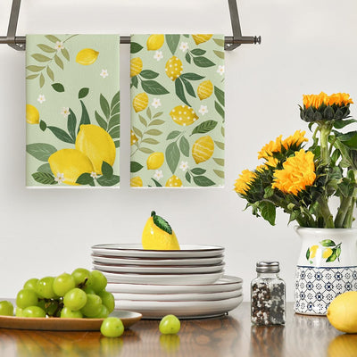Juego de 2 toallas de cocina de verano con hojas de limón y flores