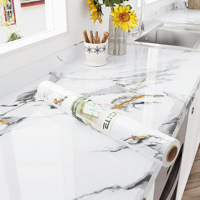 Papel adhesivo mármol blanco gris brillante encimera cocina