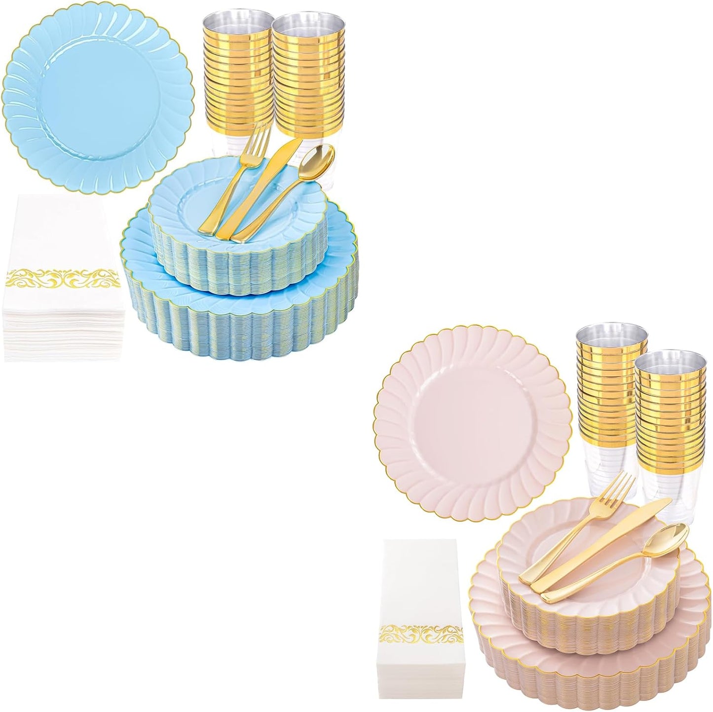 Set 350 Pzas Platos Plástico Escallopados Azul Rosa
